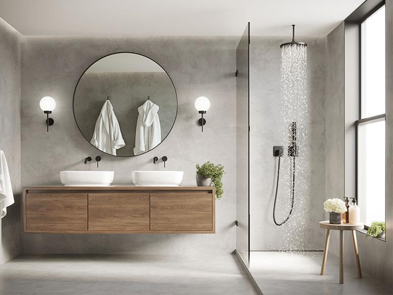 Modern bathroom with minimalist design and open shower area